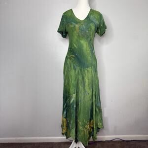 Tropical Tantrum Green Handpainted Rayon Maxi Dress Women’s Small Asymmetrical